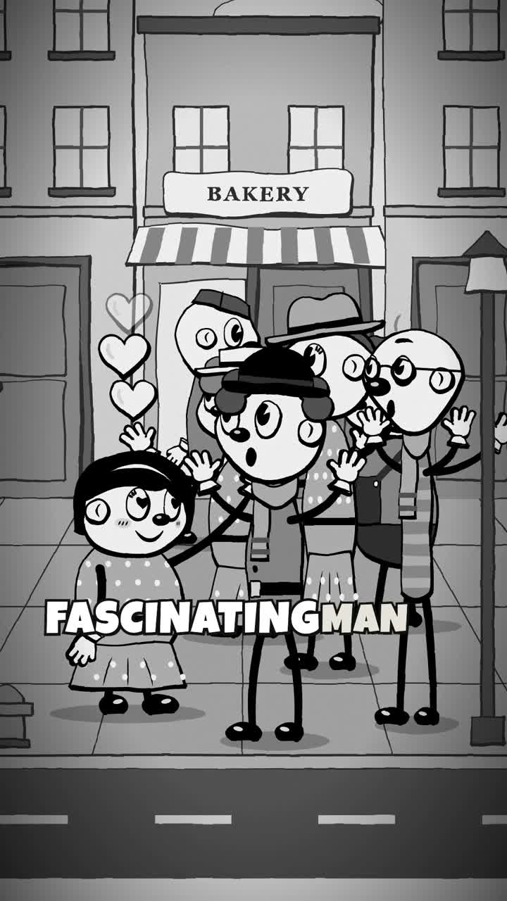 Sal attracts an adoring crowd on a cartoon street